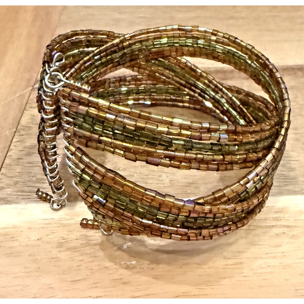 Vtg Handmade Braided Seed Bead Iridescent Tan Green Cuff Wire Bracelet Boho - Picture 4 of 6